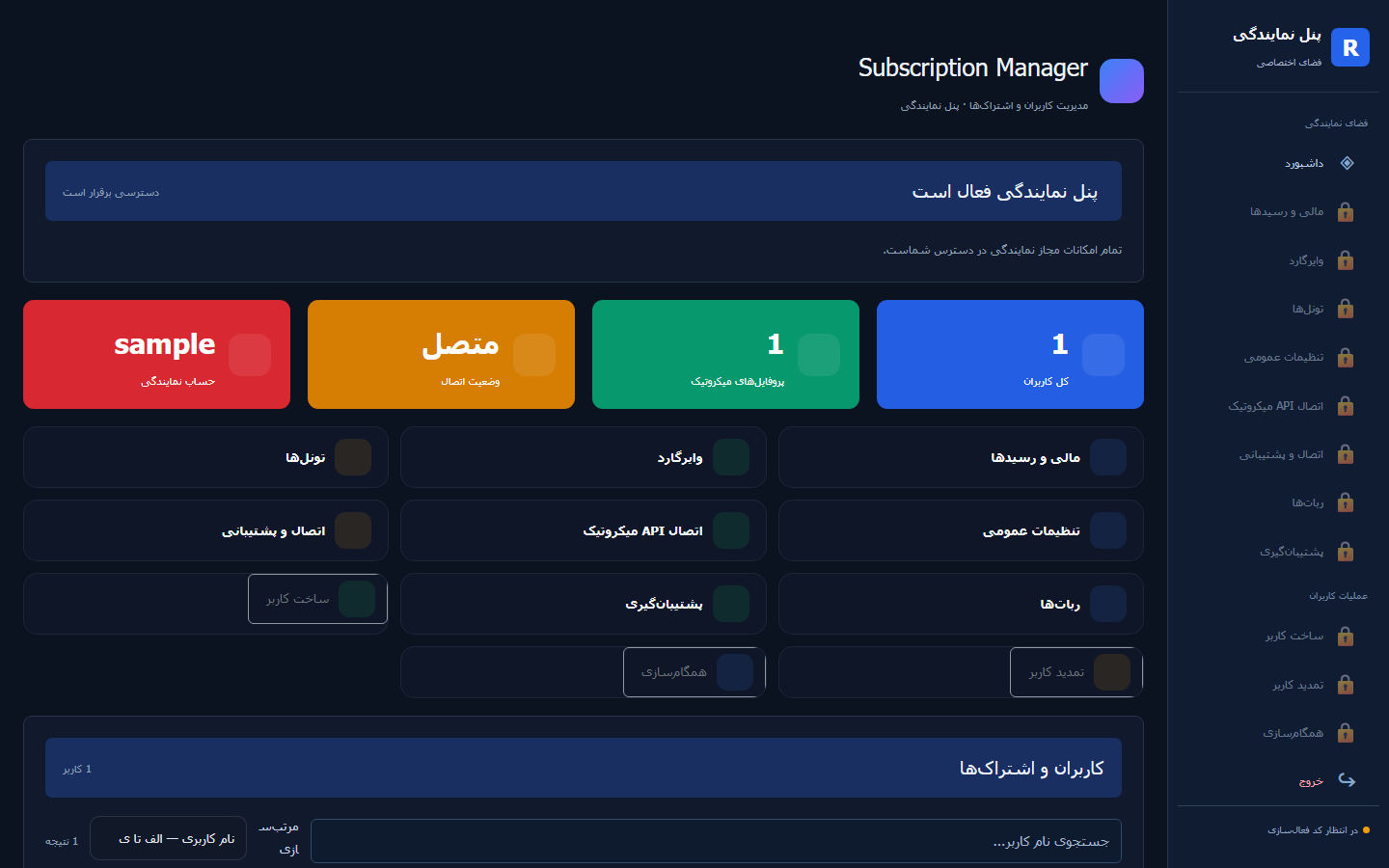 داشبورد پنل نمایندگی
